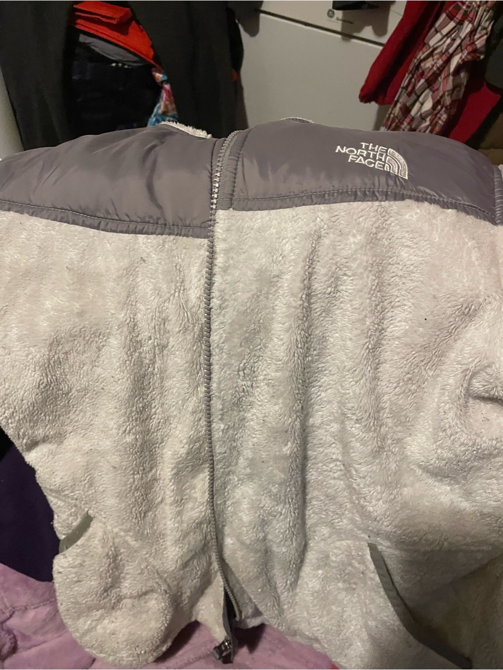 The North Face Light Gray Teddy Fleece Jacket with Gray Shoulder Yoke